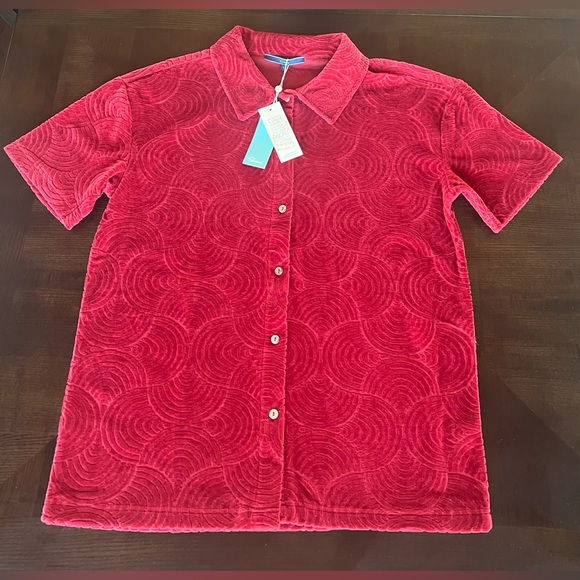 Shore Tops - SHORE Women's Red Terry Cloth Wave Textured Button Down Shirt Coverup NWT S